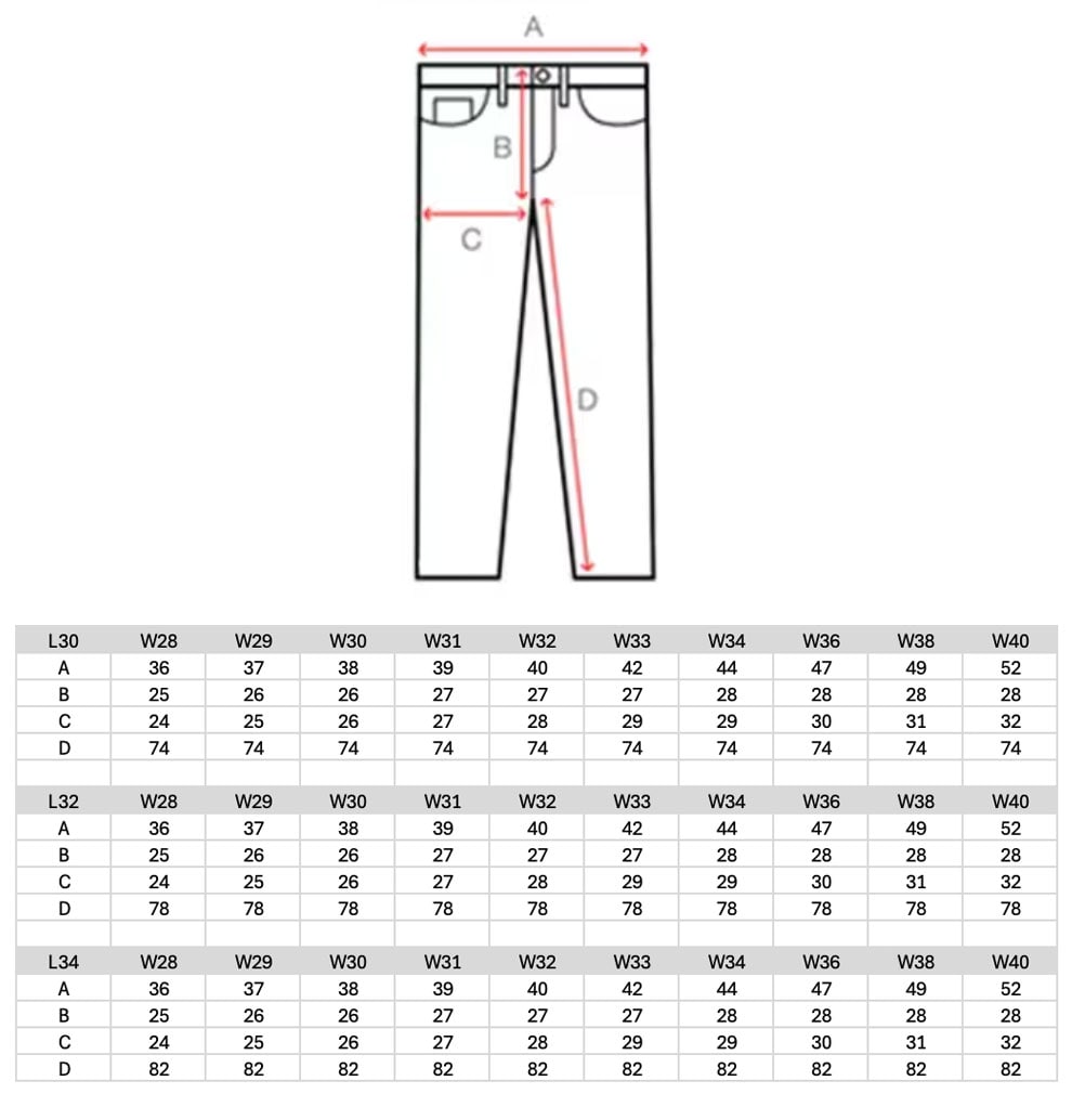 Size chart of Melvin Rusty Neal Jeans