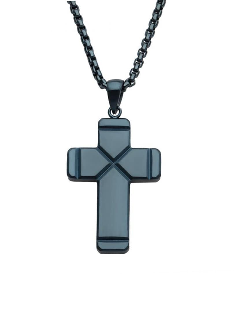 Blue Ridged Cross Inox Halskjede - Blå