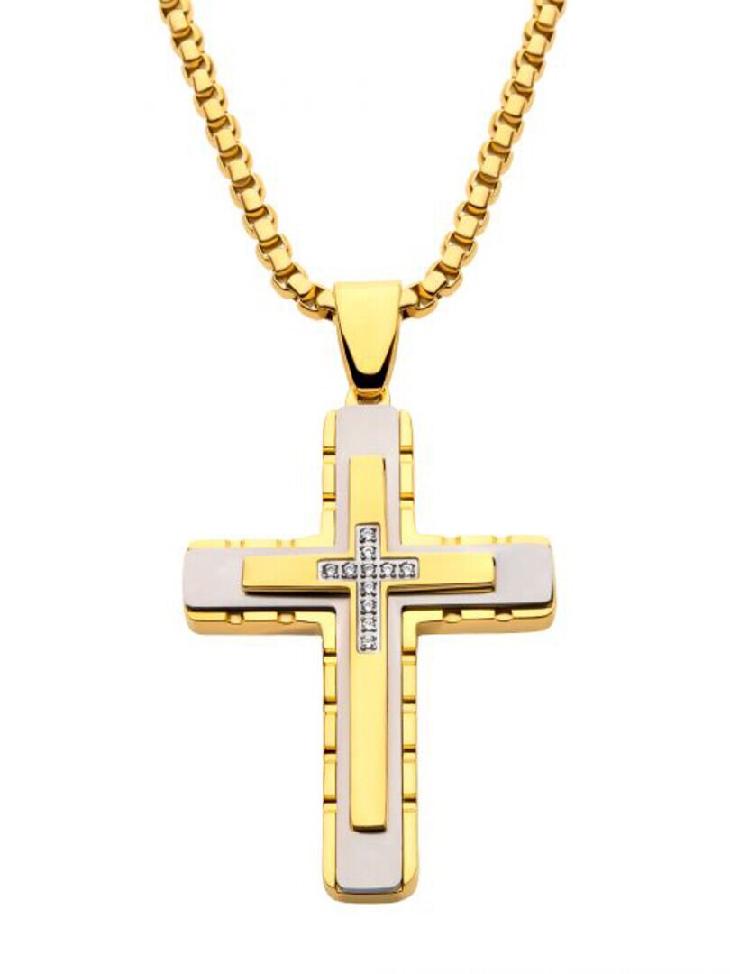 Two Tone Cross Inox Halskjede - Gull
